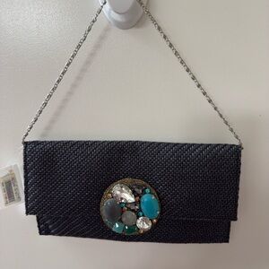 Mochi Rafia Woven Black Clutch Shoulder Bag with Chain Large Brooch Accents NWT